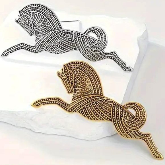 Horse Brooch VTG Art Deco Style Pin Textured Trojan Gold / Silver Metal Egyptian - Picture 1 of 5